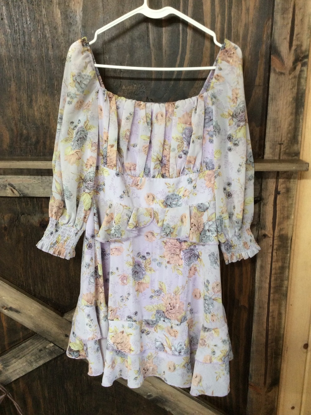 Floral Lavender Smocked-Sleeve Mini Dress